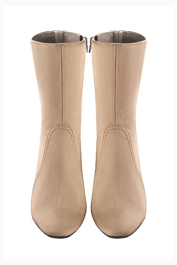 Tan beige women's ankle boots with a zip on the inside. Round toe. High block heels. Top view - Florence KOOIJMAN